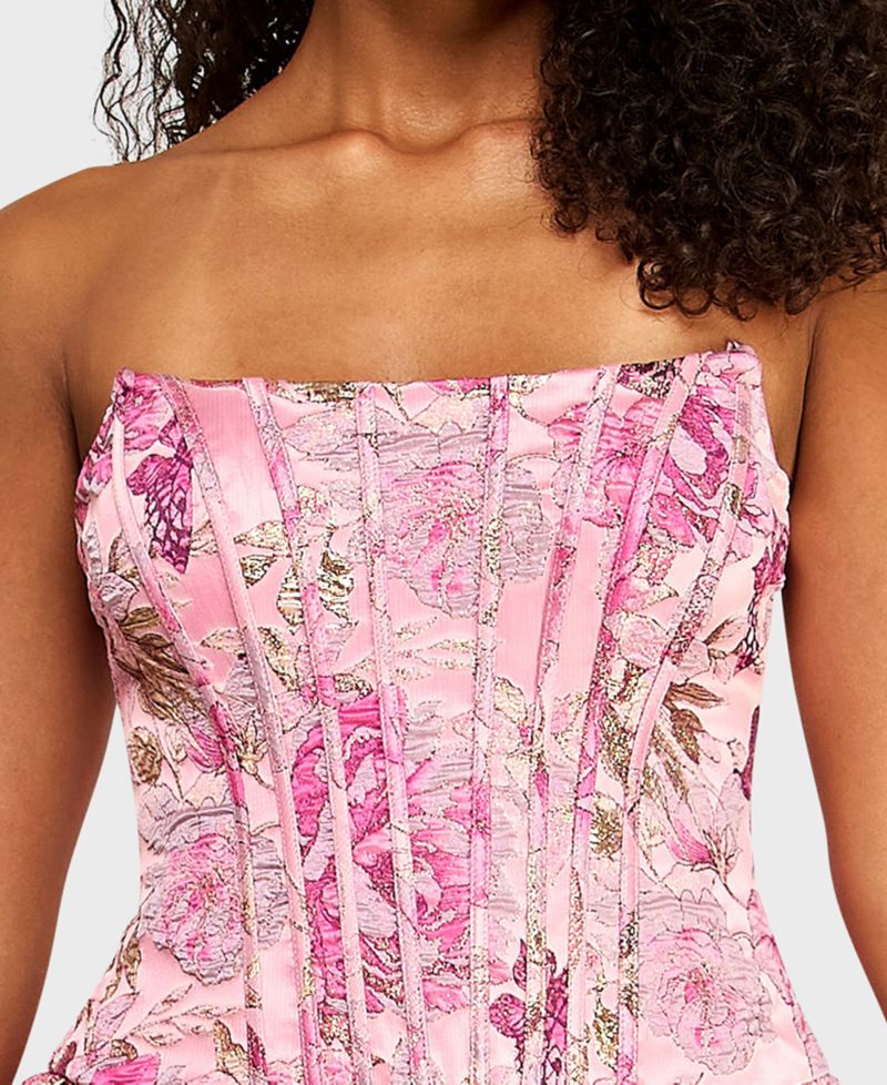 Juniors' Strapless Corseted Jacquard Mini Dress