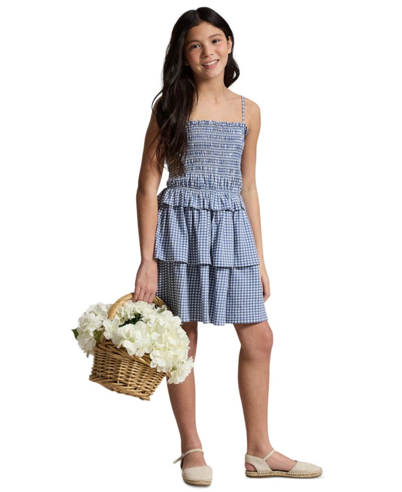 Girls' 7-16 Plaid Smocked Straight Neck Jersey Dress