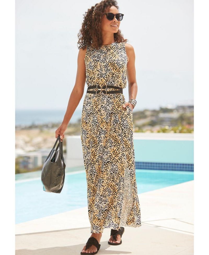 Women's Viscose Printed Side Slit Column Elastic-Waist Maxi Dress