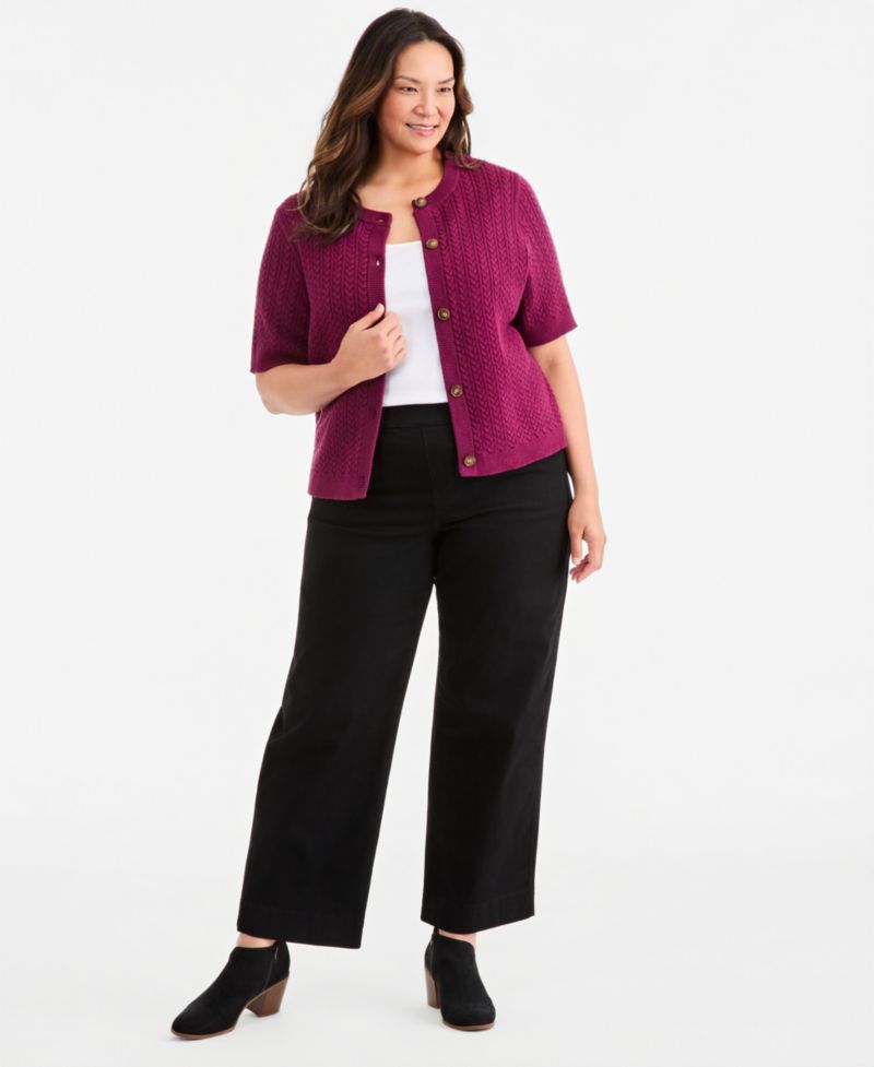 Petite Cable-Knit Short-Sleeve Crewneck Cardigan