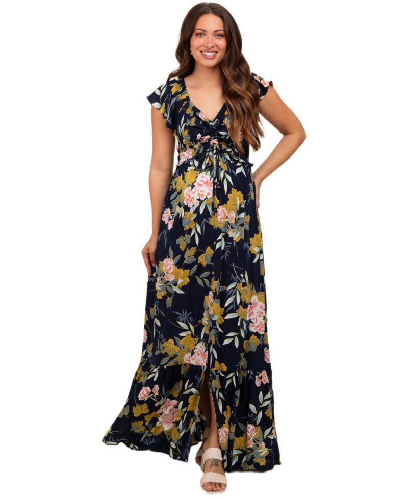 Women's Navy Floral Smocked Cinched Top Maxi Dress