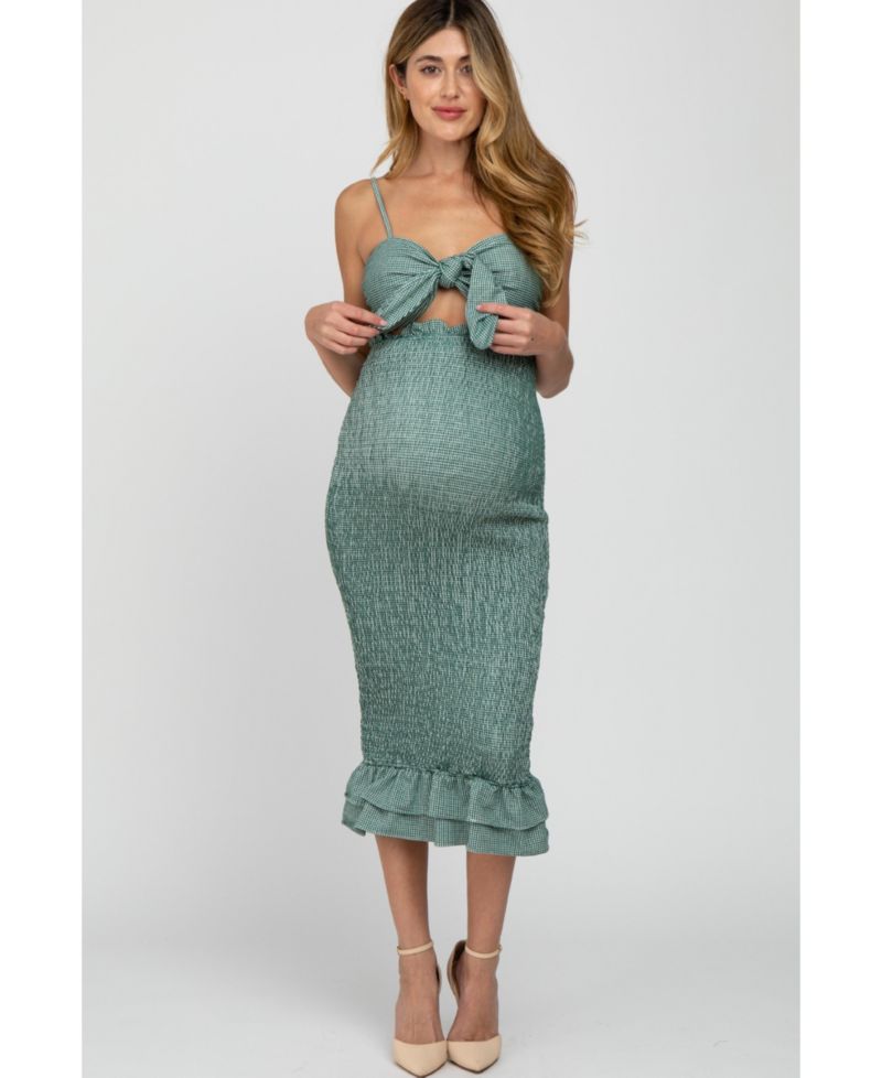 Women's Blue Gingham Print Smocked Fitted Self-Tie Midi Dress