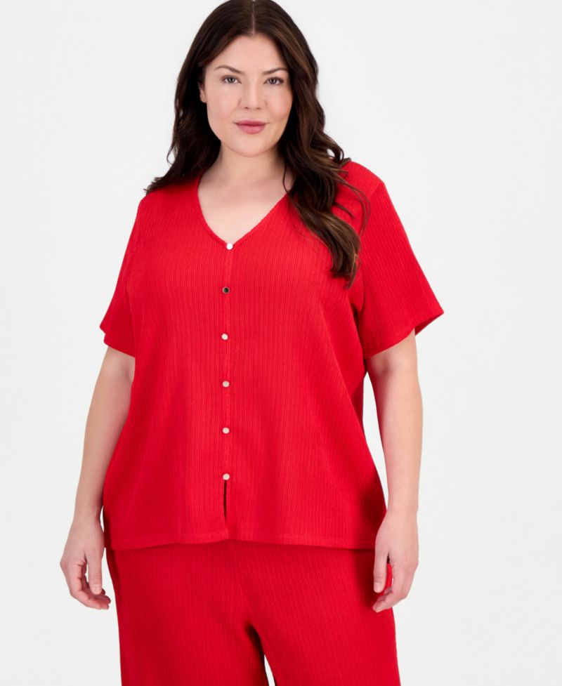 Plus Size V-Neck Button-Front Short-Sleeve Top