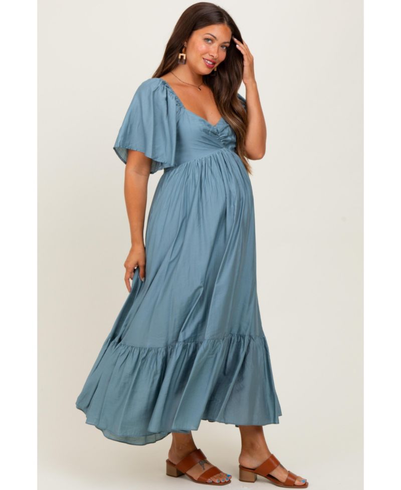 Women's Blue Flutter Sleeve Ruffle Hem Midi Dress