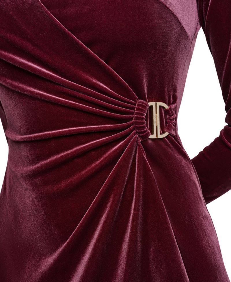 Plus Long-Sleeve Ruched Velvet Dress