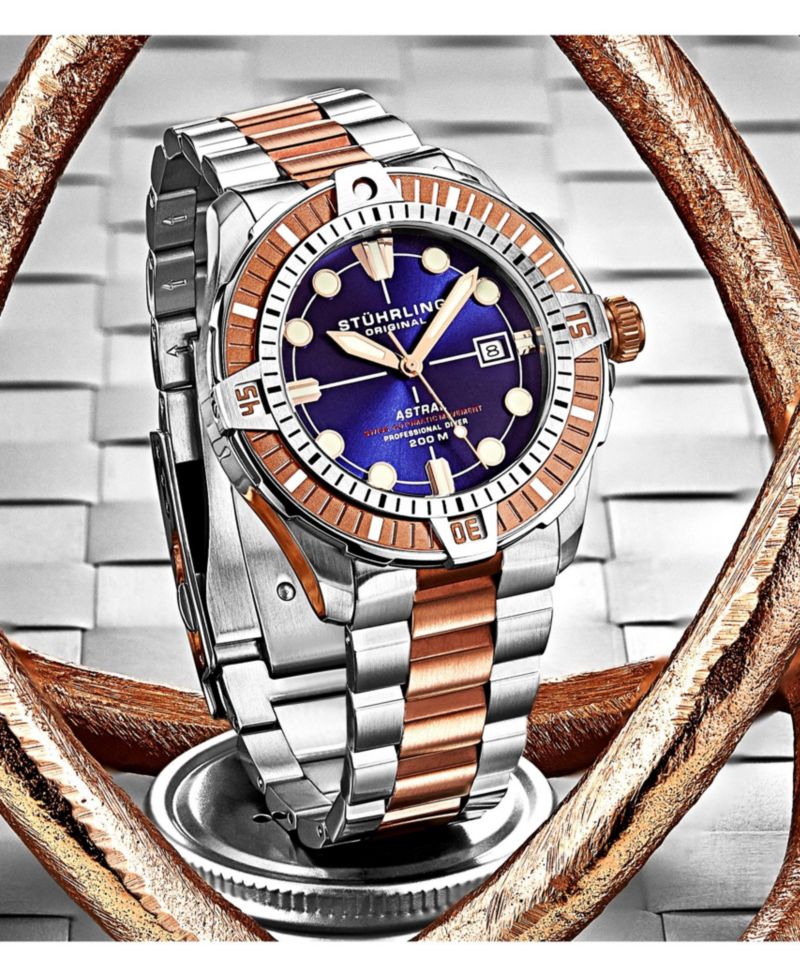 Men s Astral Diver 44mm Swiss Automatic Watch, Blue Dial, Two-Tone Rose Stainless Steel Bracelet, 200M Water Resistant