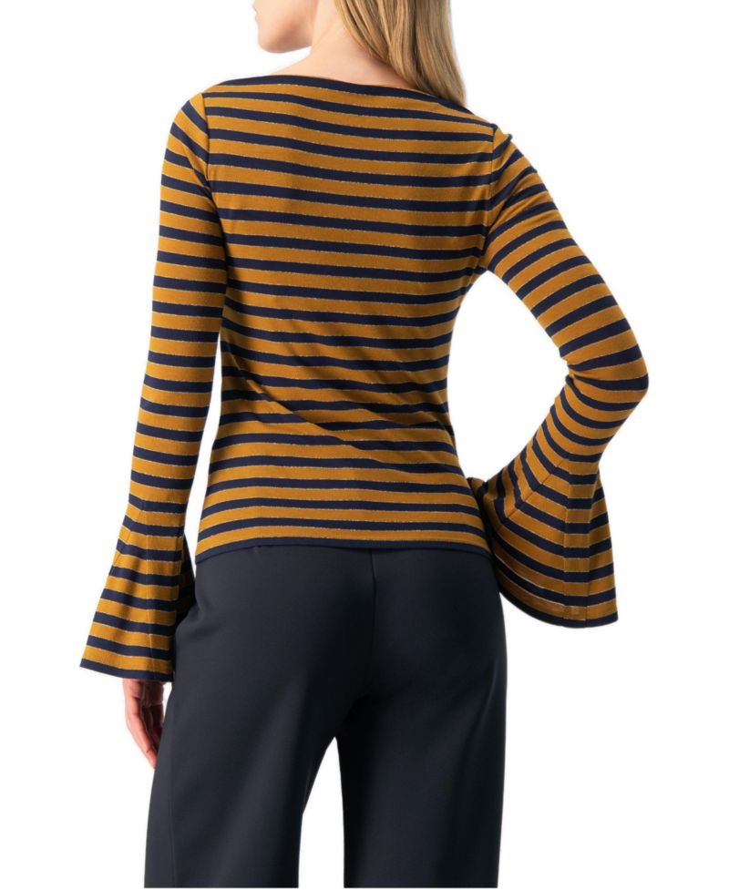 Women's Boat-Neck Bell-Sleeve Striped Blouse