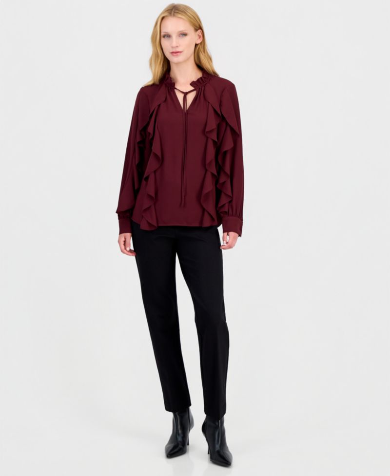 Petite Long-Sleeve Keyhole-Neck Ruffle Blouse