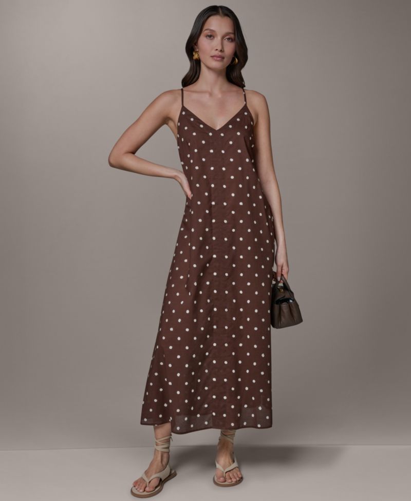 Women's Cotton Voile Dot Print Elastic Back V-Neck Spaghetti Strap Maxi Dress