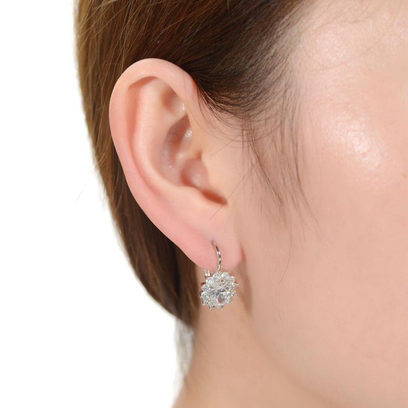 White Gold Plated with Cubic Zirconia Hibiscus Flower Cluster Drop Earrings with Leverback