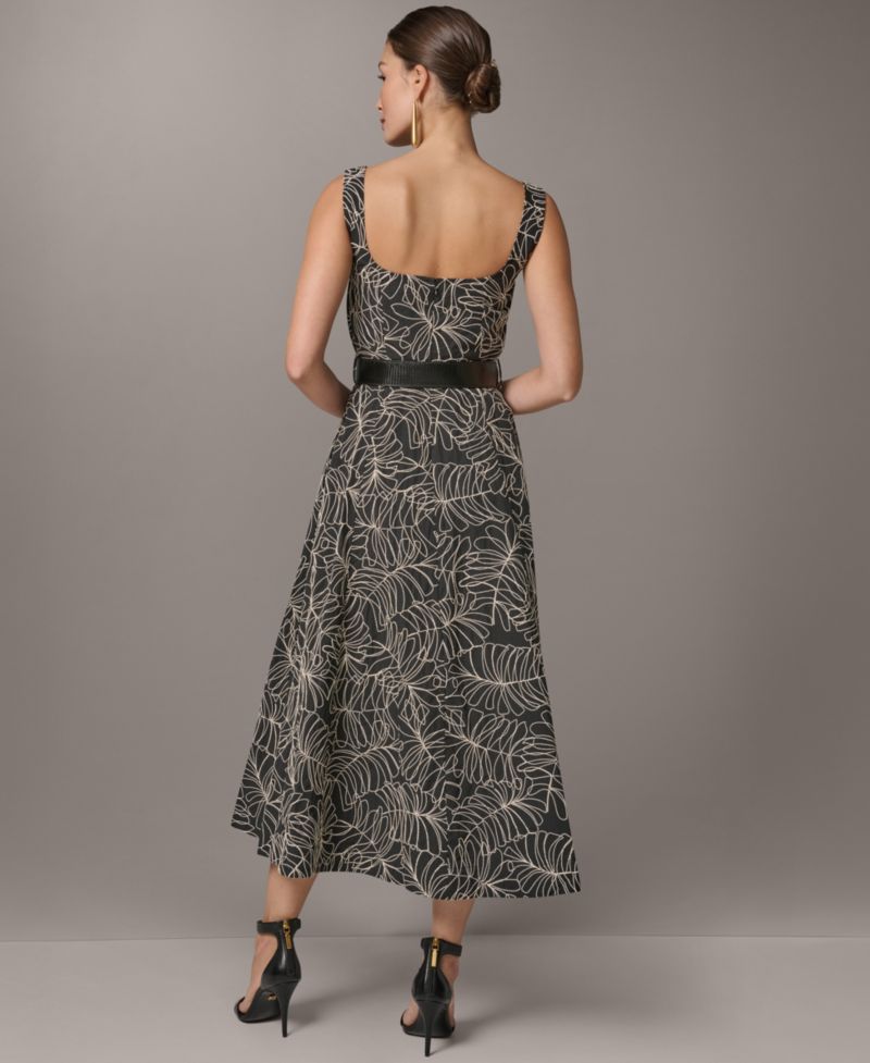 Women's Square Neck A-Line Midi Dress with Polyurethane Belt