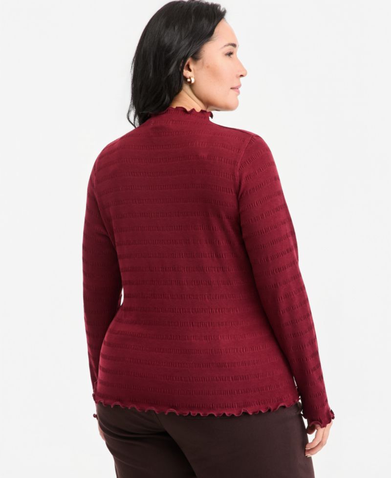 Plus Size Long-Sleeve Funnel Neck Puckered-Rib Top