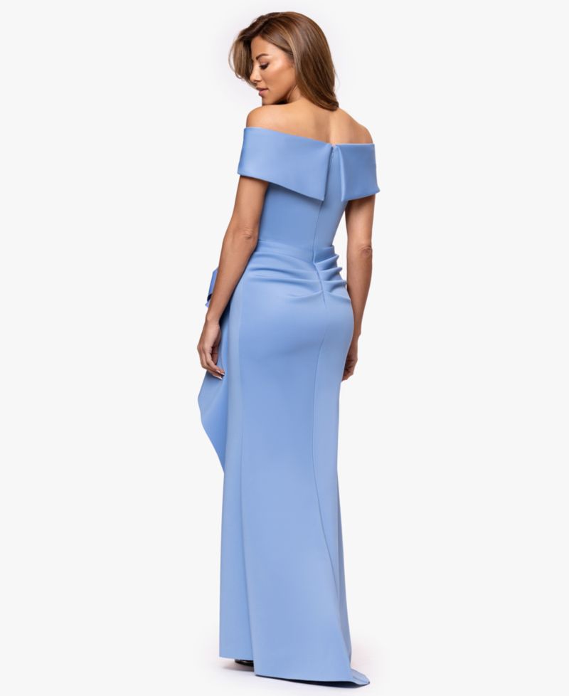 Petite Scuba Off-The-Shoulder Gown