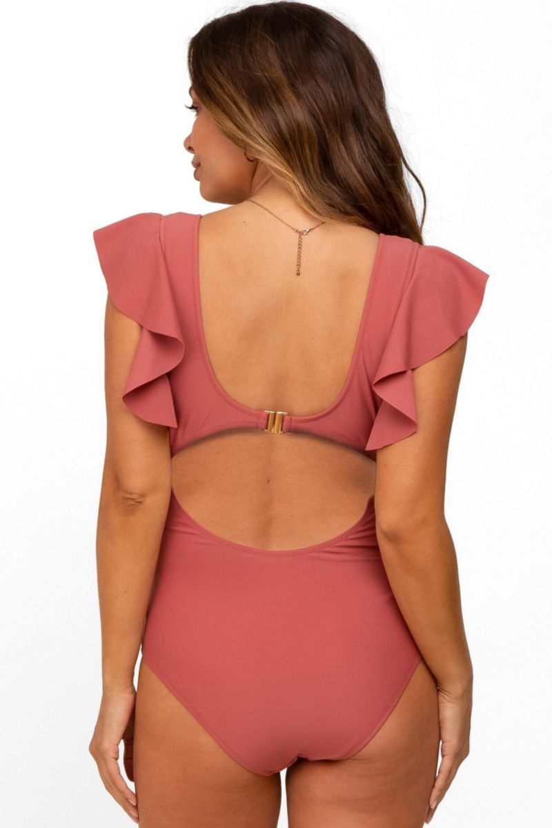 Women's Rust Ruffle Shoulder Pleated Side One Piece Swimsuit