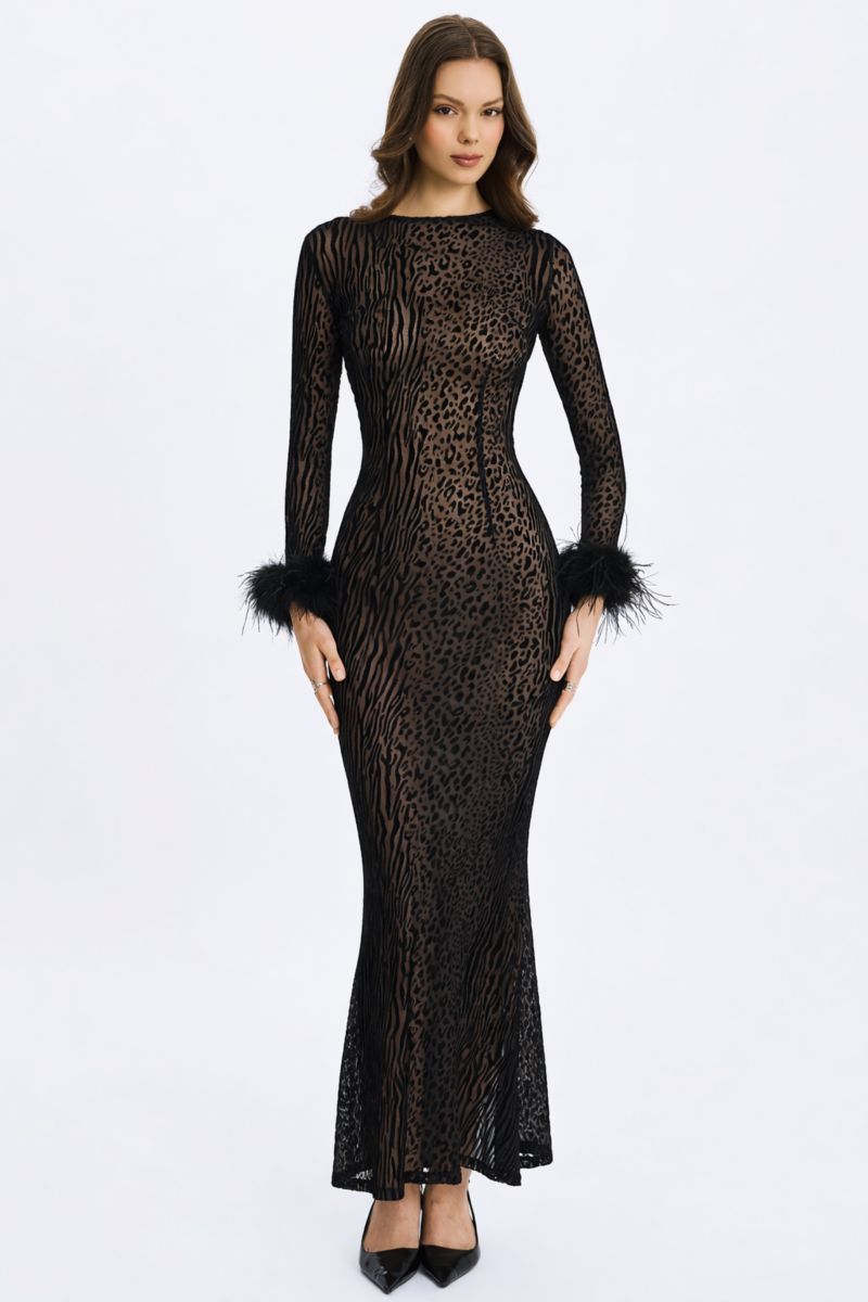 Women's Patricia Black Leopard Burnout Velvet Mesh Backless Maxi Dress