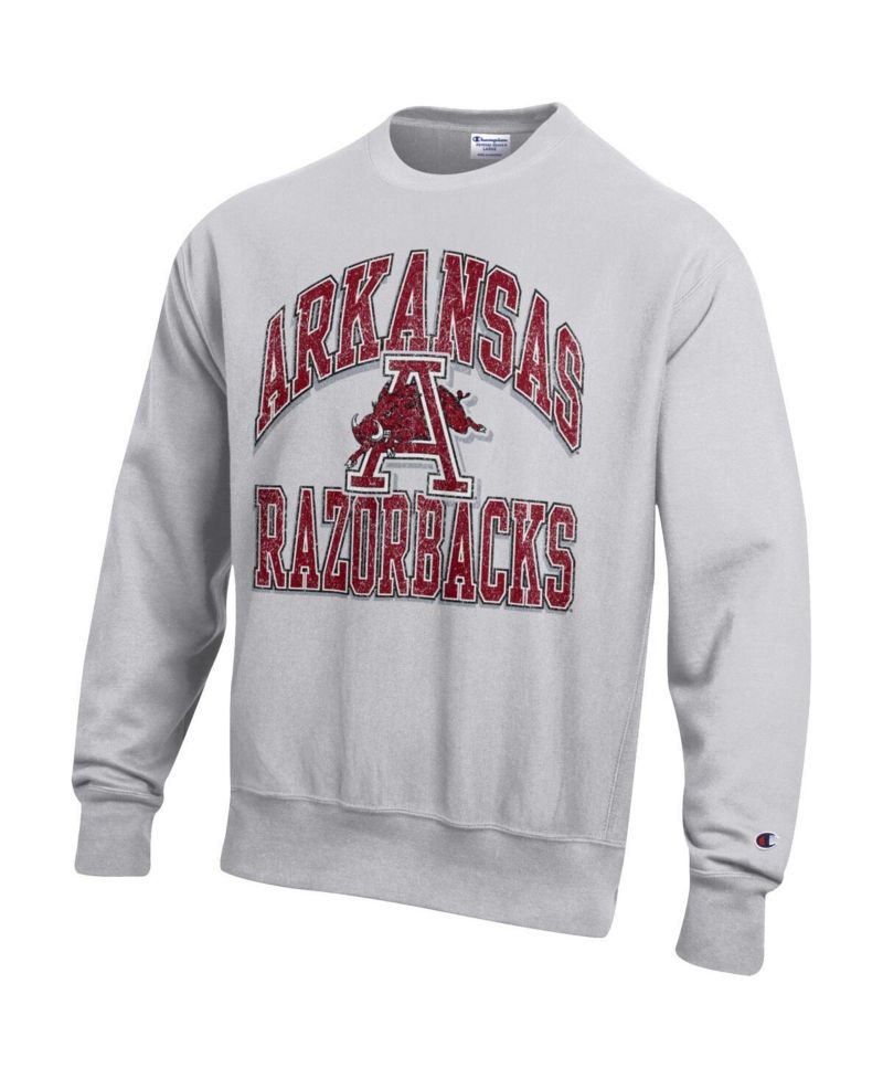 Men's Gray Arkansas Razorbacks Distressed Arch Over Logo Reverse Weave Crew Neck Sweatshirt