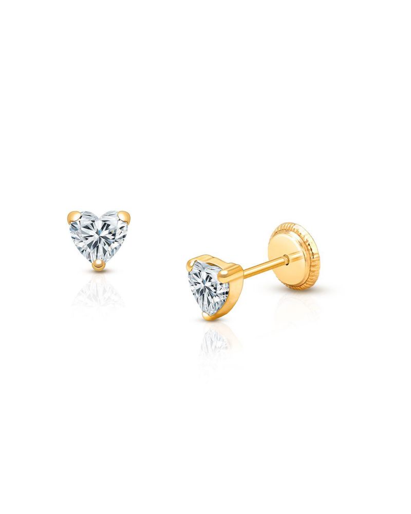 14K Gold Clear Heart Stud Screw Back Earrings