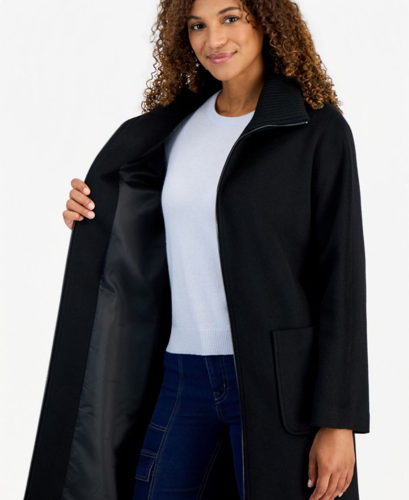 Women's Belted Knit-Collar Textured Coat