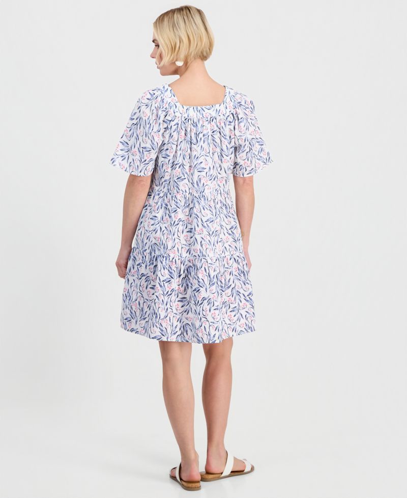 Petite Printed Square-Neck Short-Sleeve Cotton Dress