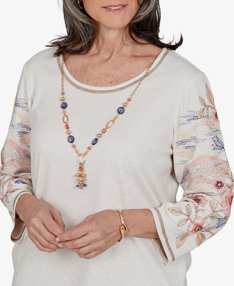 Petite Crewneck 3/4-Sleeve Curved-Hem Blouse