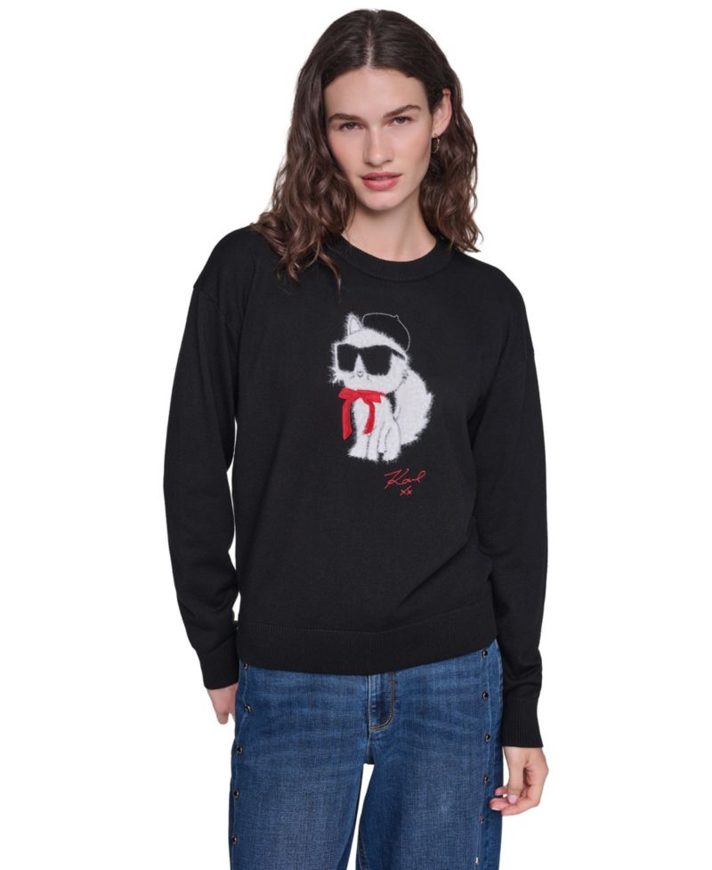 Women's Choupette in Beret Fitted Graphic Crewneck Pullover Sweater