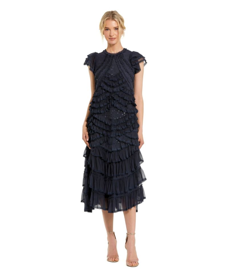 Women's High Neck Ruffle Mesh Midi Dress