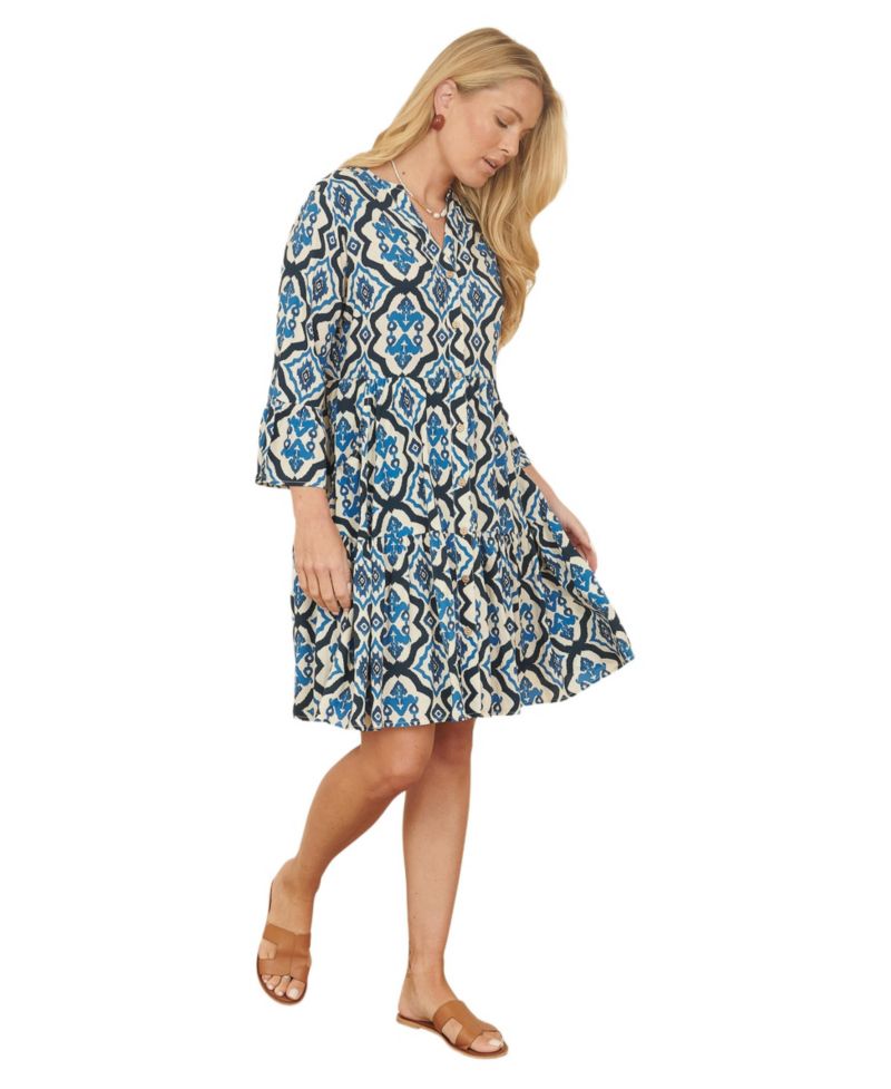 Women's Ikat Print 3/4 Sleeve Tunic Dress