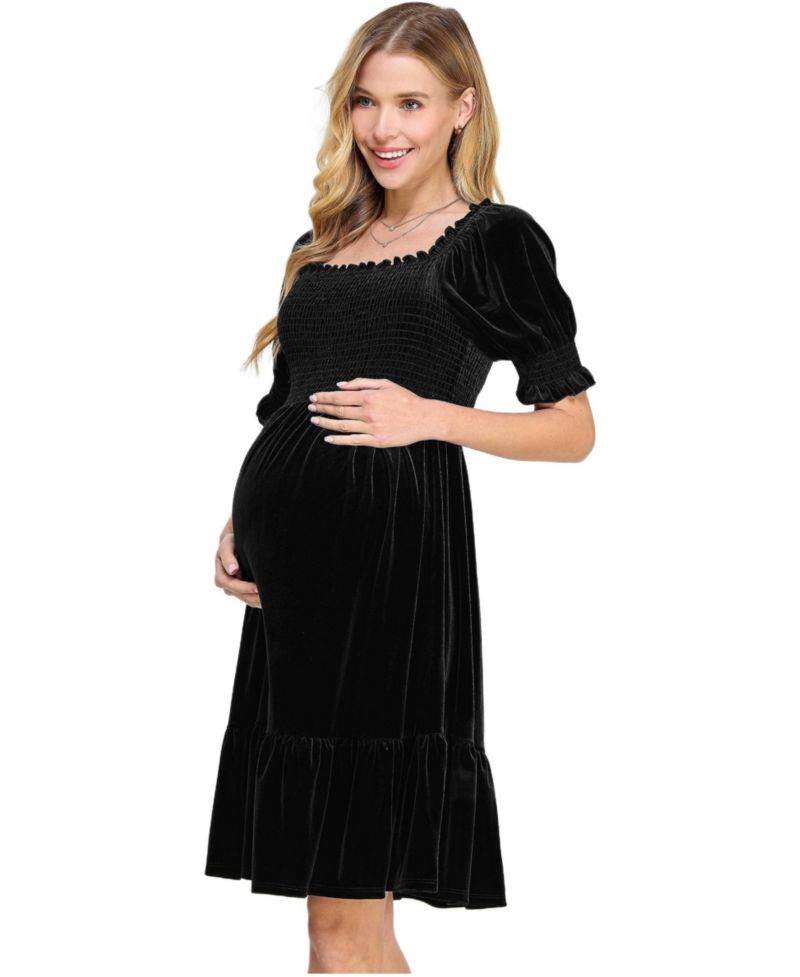 Women's Velvet Empire Waist Puff Sleeve Smocked Neck Dress