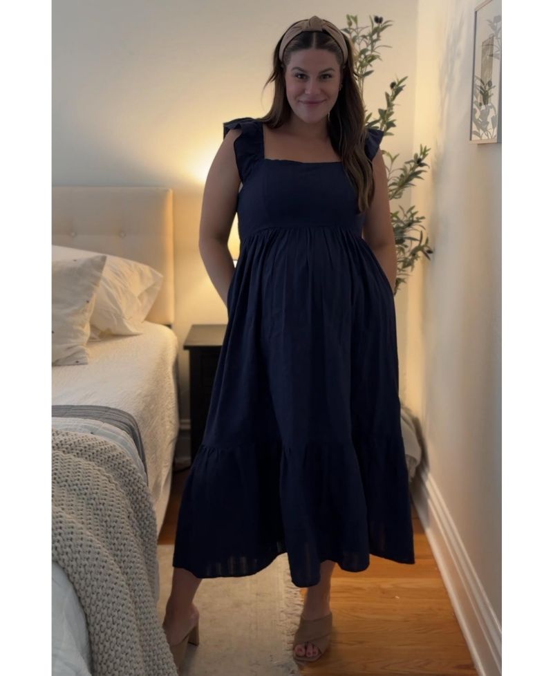 Women's Navy Blue Textured Cotton Ruffle Strap Midi Dress