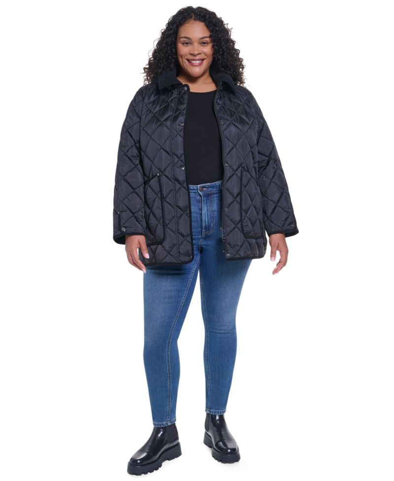 Plus Size Quilted Hooded Corduroy Collar Coat