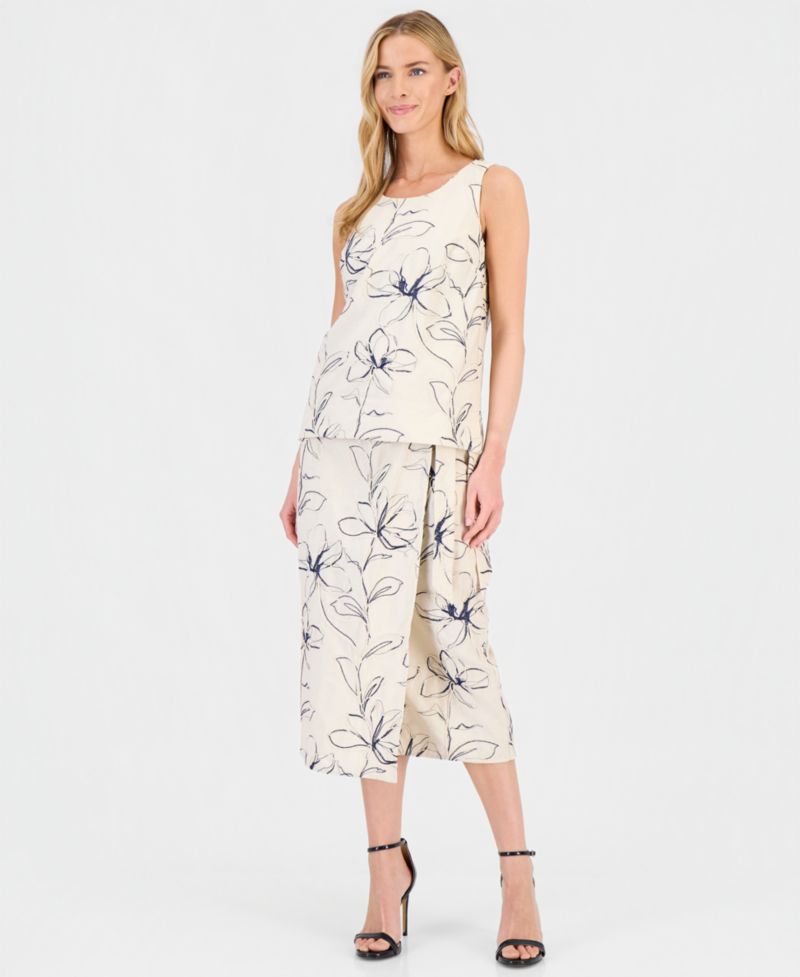 Women's Embroidered Sleeveless Top & Embroidered Faux-Wrap Midi Skirt
