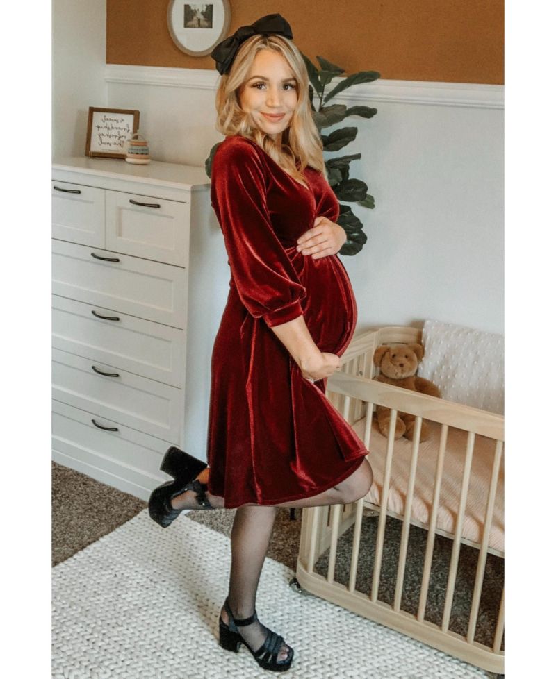 Women's Green Velvet Wrap Front Babydoll Dress