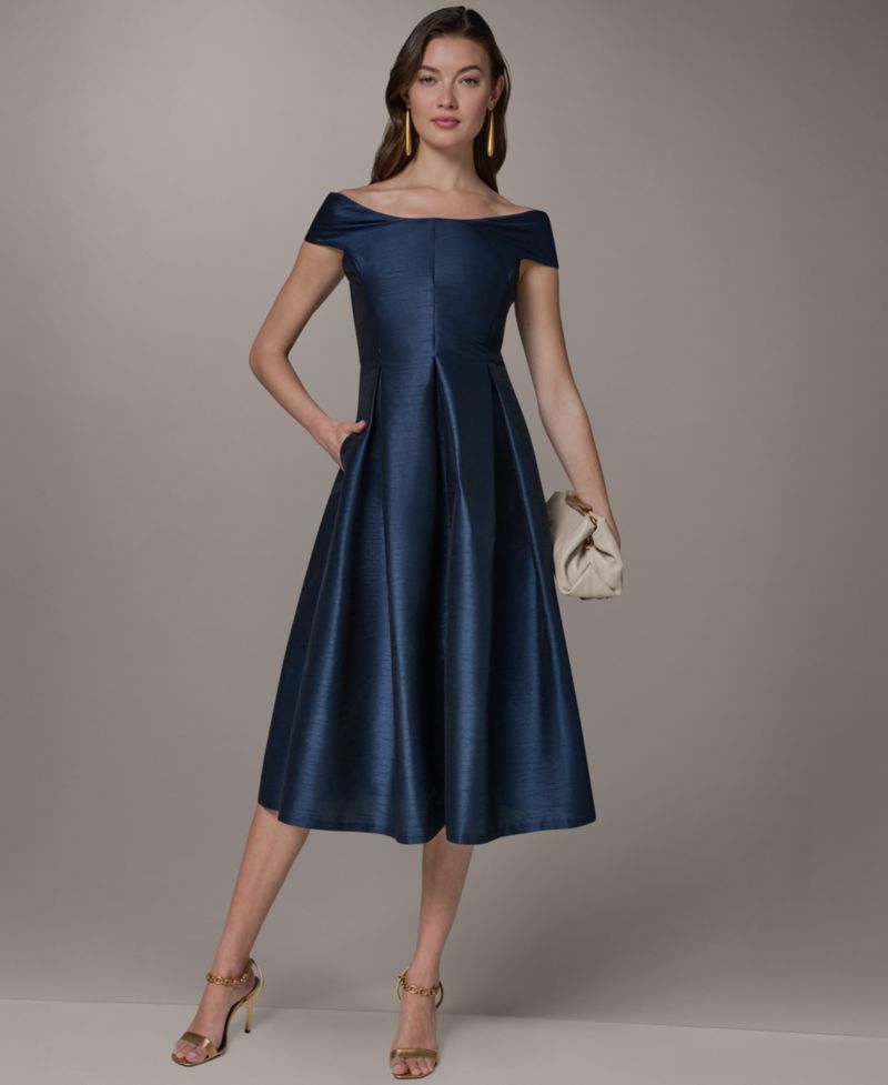 Women's Off-Shoulder Scoop Neck Jacquard Fit & Flare Midi Dress