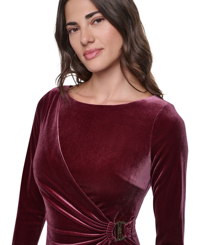 Plus Long-Sleeve Ruched Velvet Dress
