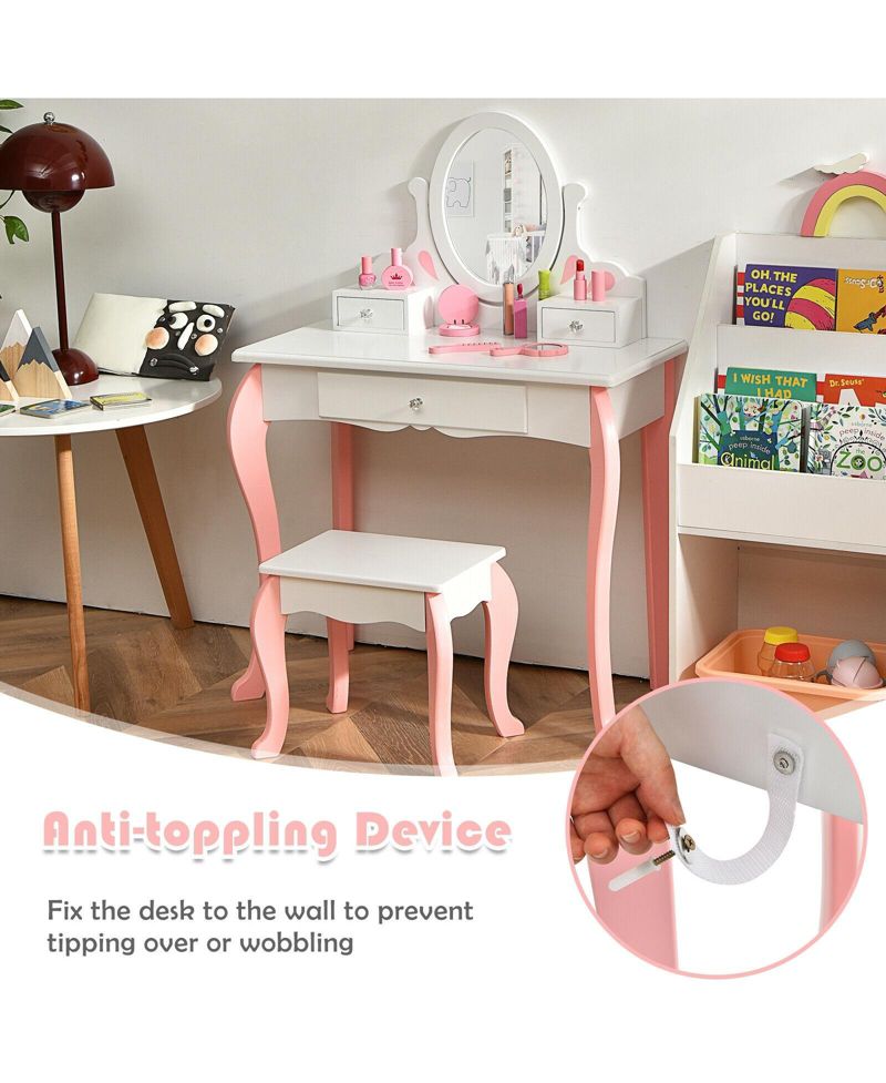 Kids Vanity Princess Makeup Dressing Table Stool Set with Mirror and Drawer