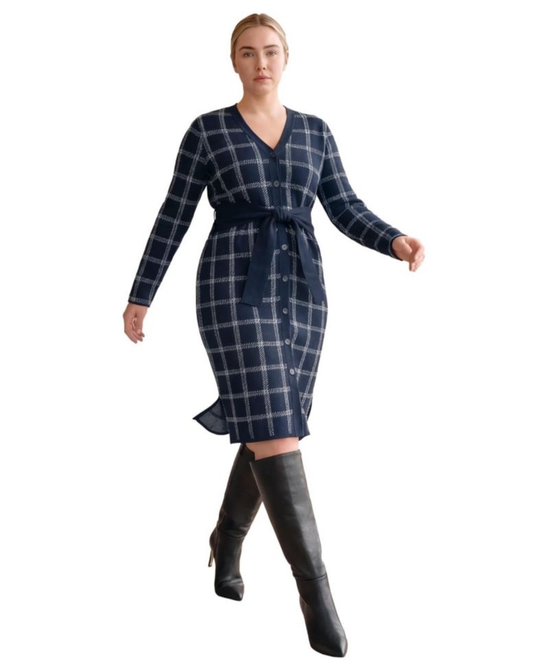Plus Size Button-Front Long-Sleeve V-Neck Cardigan Sweater Dress