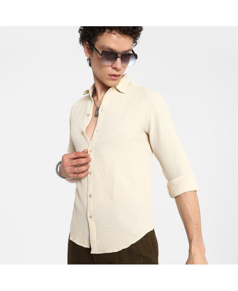 Men's Ivory White Weave-Textured Shirt