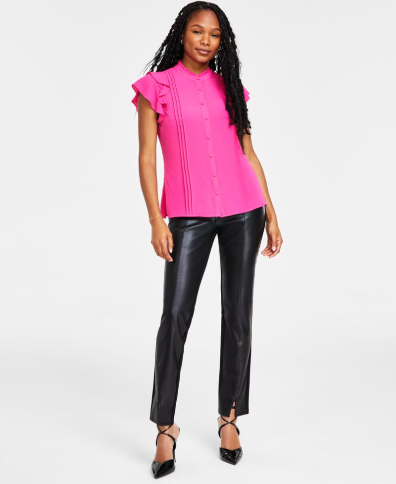 Women's Short Sleeve Pin-tuck Ruffled Button-up Blouse