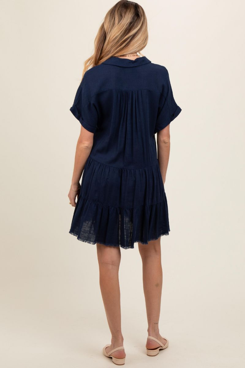 Women's Navy Tiered Linen Dress