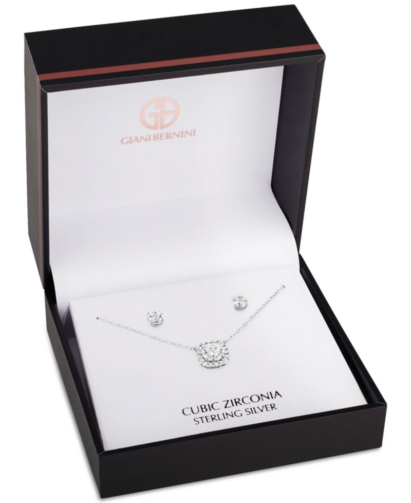 2-Pc. Set Cubic Zirconia Halo Pendant Necklace & Solitaire Stud Earrings in Sterling Silver