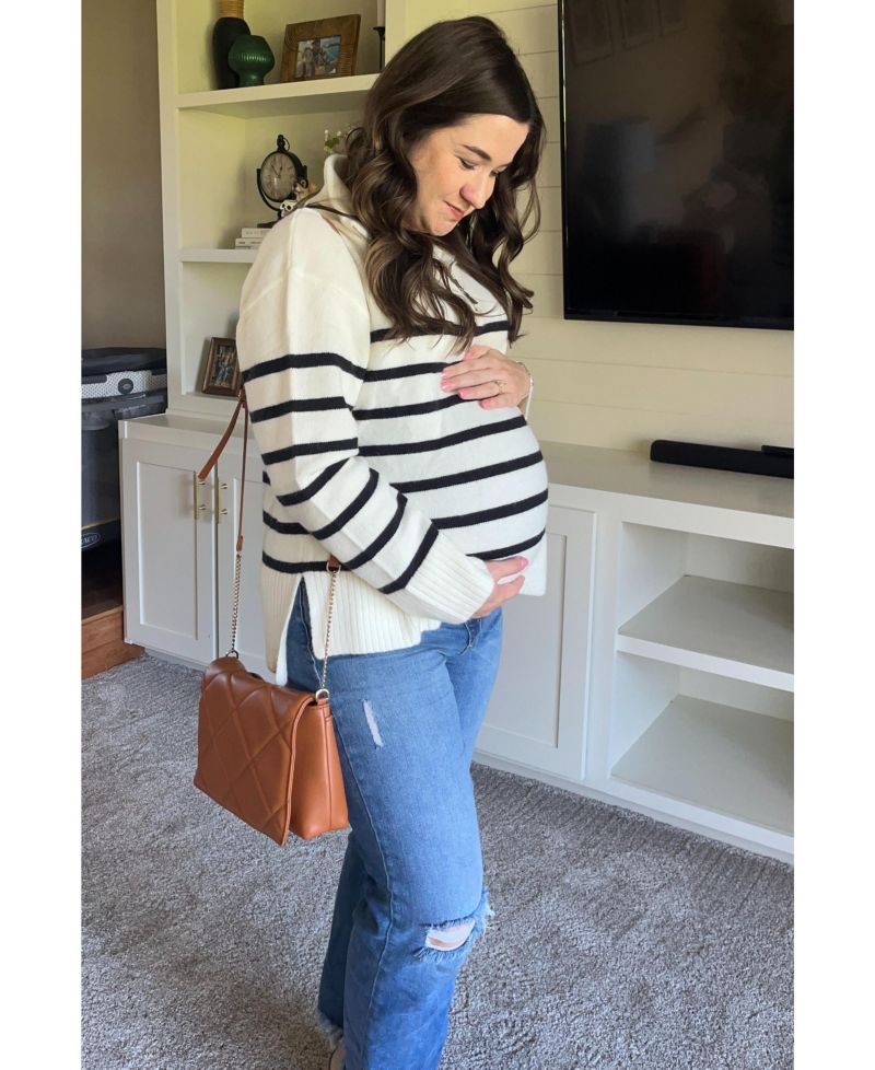 Women's Ivory Striped Half Zip Sweater