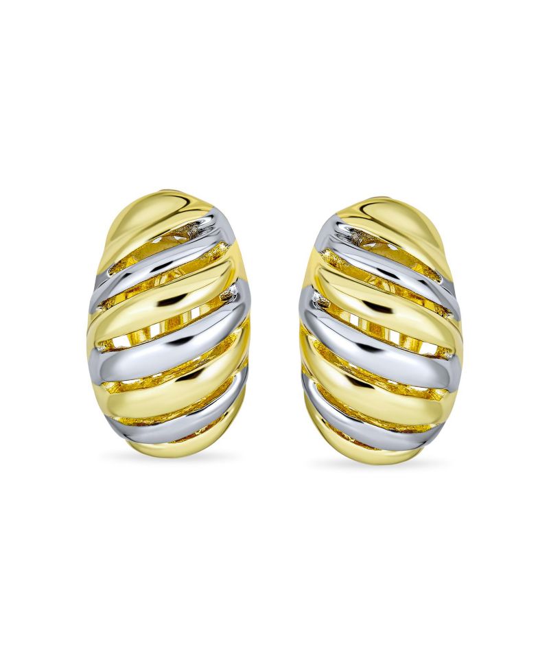 Shrimp Style Stripe Twist 2 Tone Dome Clip On Earrings Gold Plated Rhodium