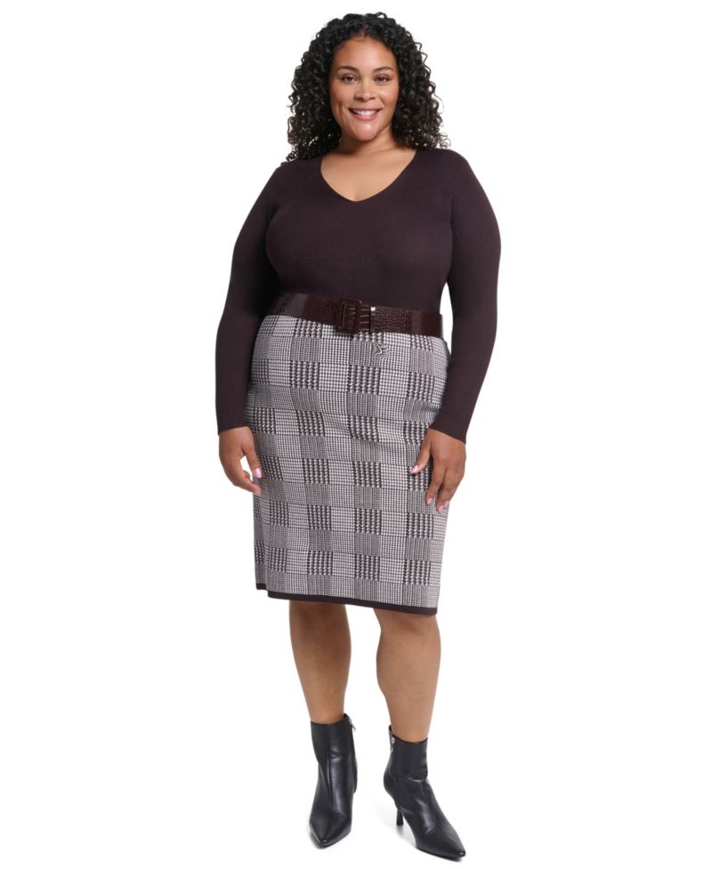 Plus Size Houndstooth-Plaid V-Neck Long-Sleeve Dress