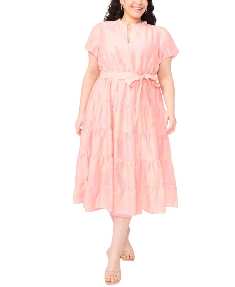 Plus Size Notch-Neck Puff-Sleeve Midi Dress