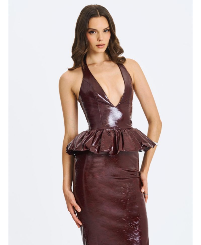 Women's Jaslene Mahogany Ruched Peplum Plunge Halter Midi Dress