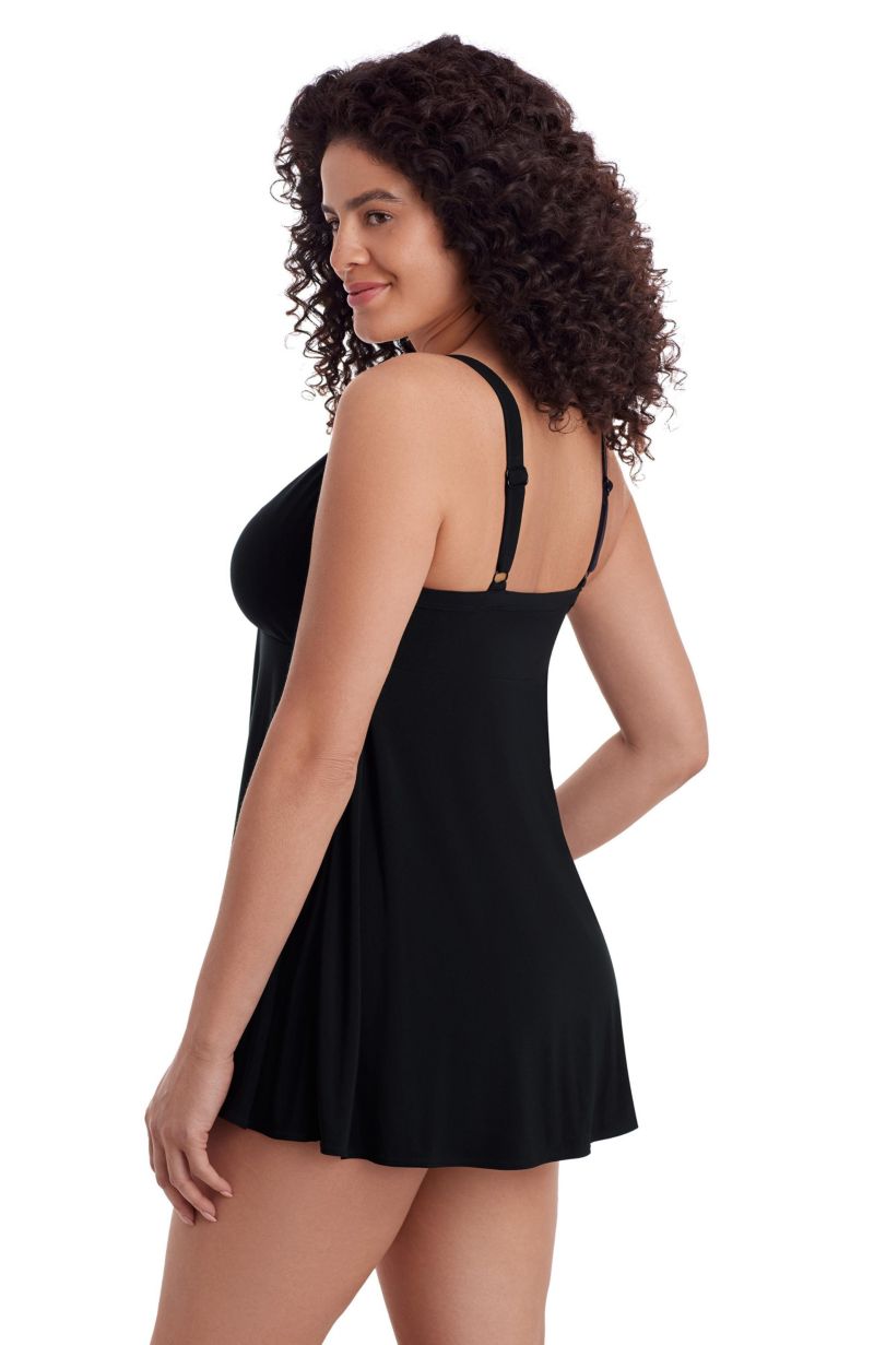 Women's Solid Black Twist Front Long Torso Swim Dress