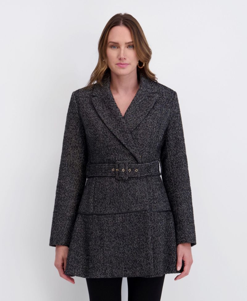 Women's Belted Herringbone Tweed Skirted Wool Jacket