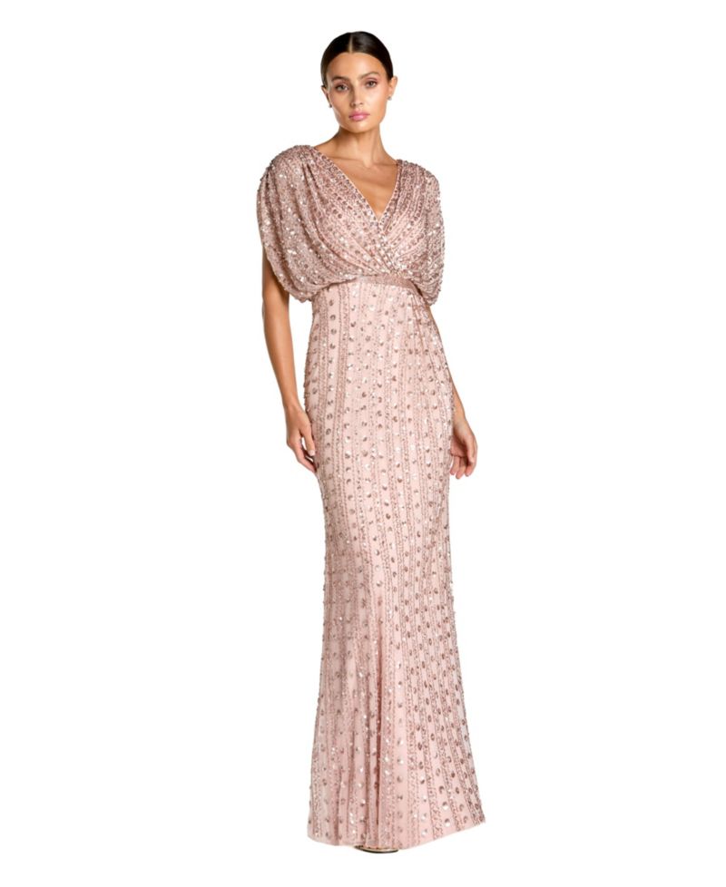 Women's Beaded Mesh Blouson V Neck Column Gown