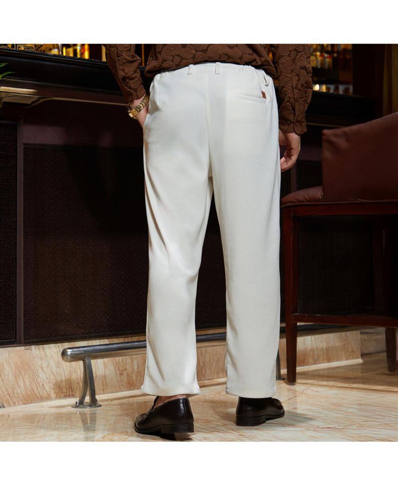 Men's Cream White Waffle-Pleated Straight Trousers