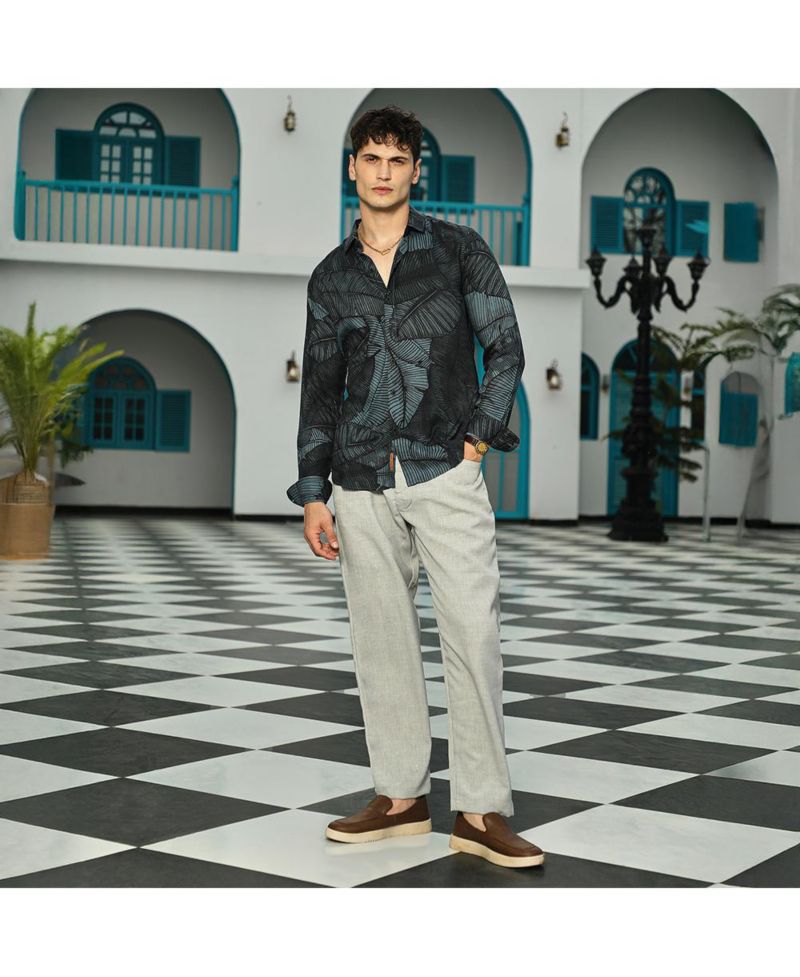 Men's Viridian Green Foliage-Outline Shirt